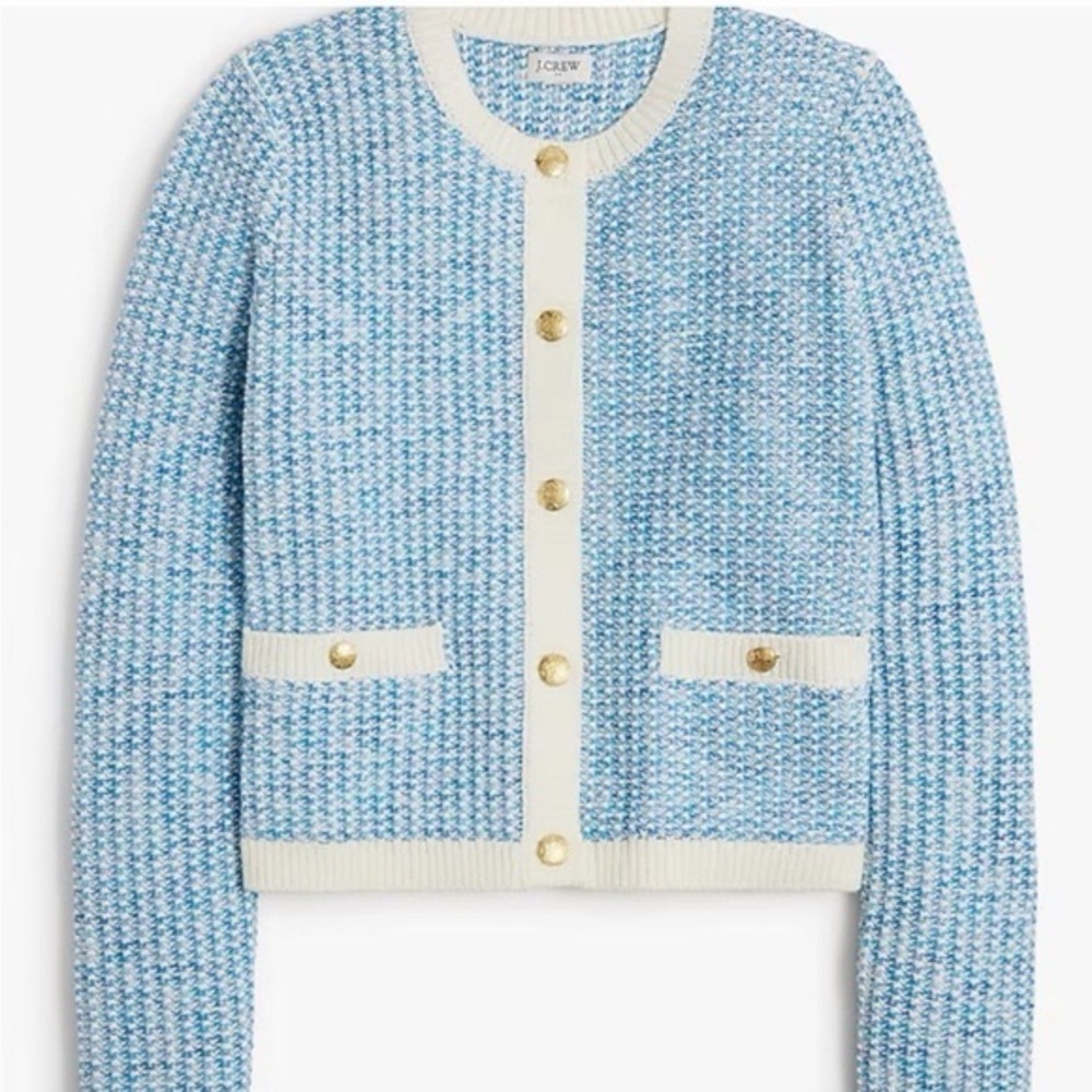 J. Crew Blue Tweed Knit Cardigan with Cream Trim